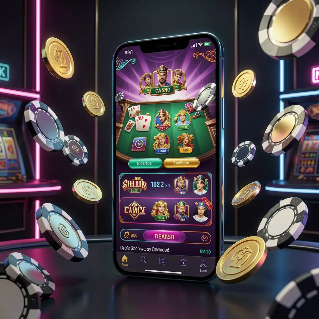 JL369 online casino mobile app hero banner featuring a modern smartphone with a glowing casino interface, golden coins and poker chips flying around against a dark luxury background with neon accents