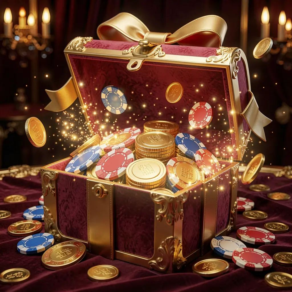 JL369 no deposit casino bonus concept with a glowing gift box filled with free casino chips and golden coins, surrounded by magical sparkle effects on a luxury dark background creating an exciting reward atmosphere