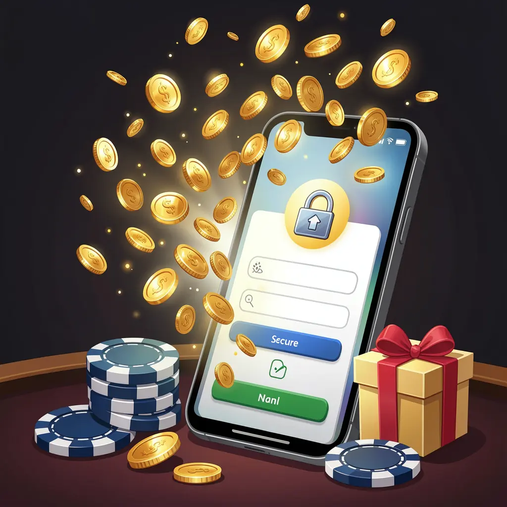 JL369 casino user login illustration showing a phone with a secure access icon, golden coins bursting from the screen, poker chips and a gift box nearby on a dark premium background