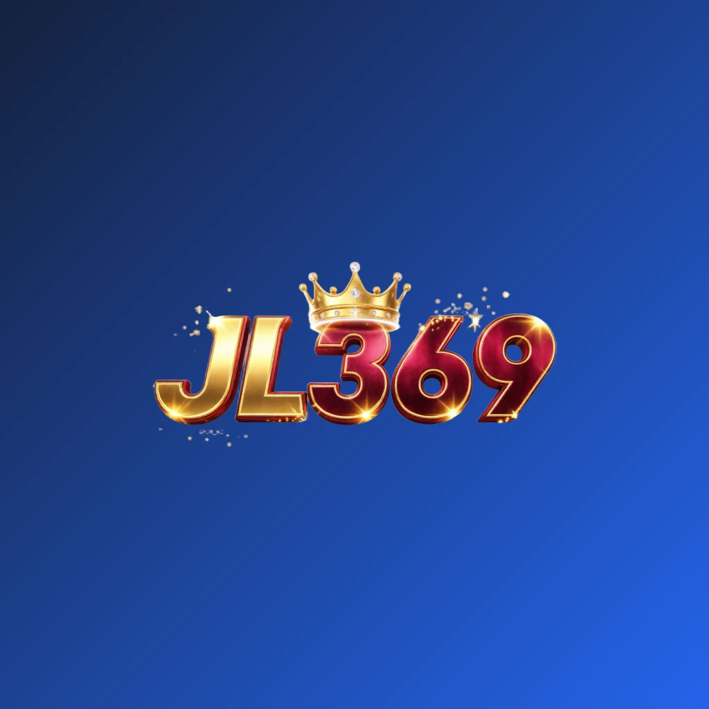 JL369 dynamic casino-style logo with massive bold gold and crimson lettering, glowing crown, and sparkling light effects on a transparent background, designed as a wide horizontal wordmark for a website header
