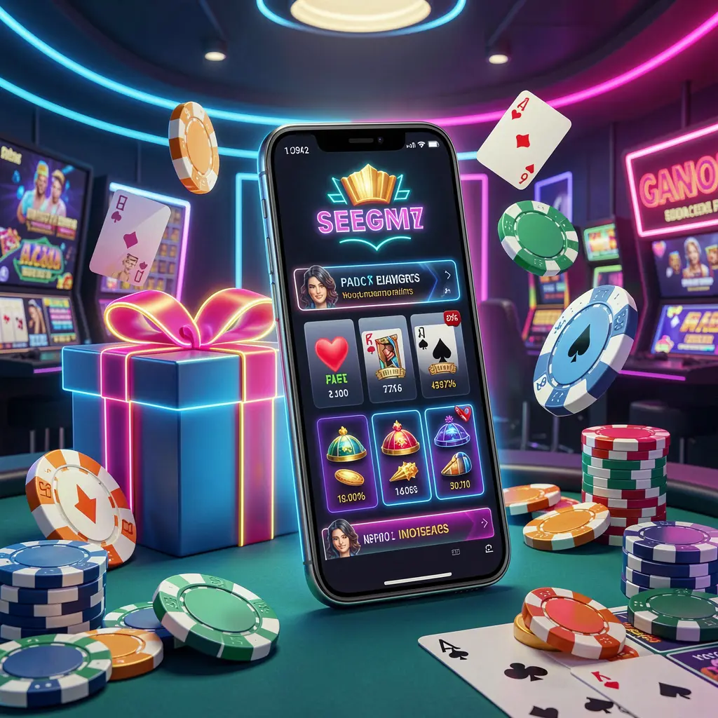 JL369 modern casino website hero scene featuring a smartphone with glowing interface surrounded by bonus gift box, chips, coins, and playing cards in a premium neon casino style